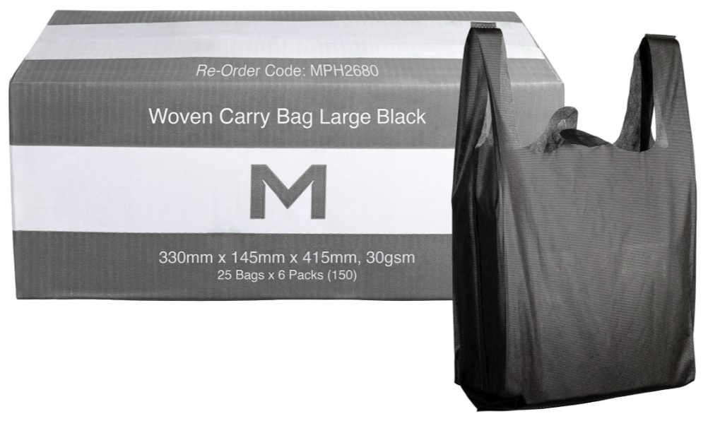 Woven Carry Bag Large - Black, 330mm x 145mm x 415mm, 30gsm 25 Bags/Pack