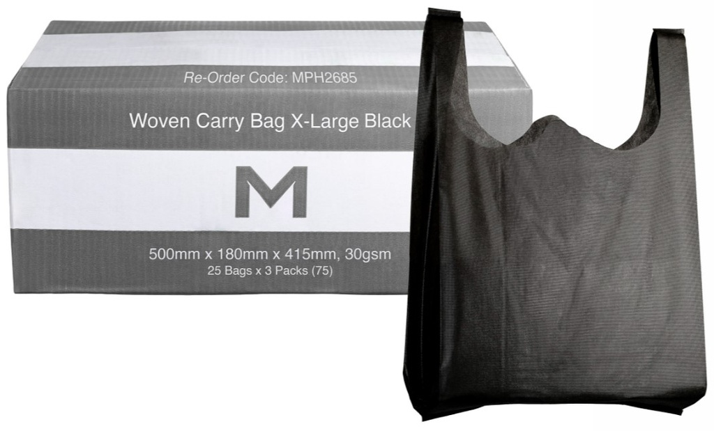 Woven Carry Bag X-Large - Black, 500mm x 180mm x 415mm, 30gsm 25 Bags/Pack