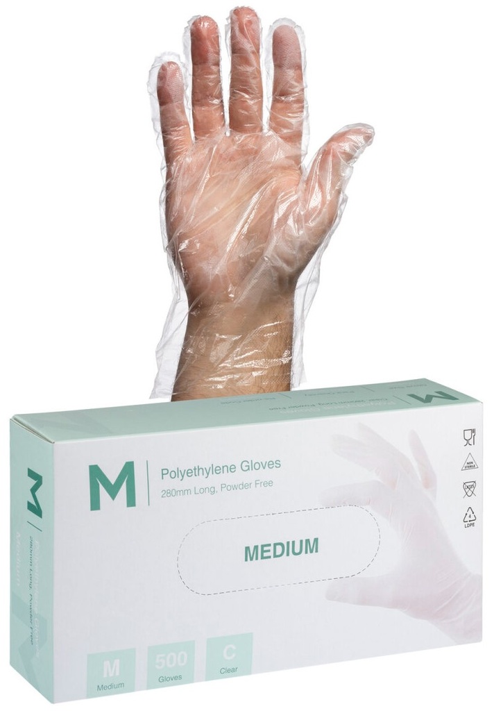 Polyethylene Gloves - Clear, S-M, 240mm Cuff, 1.0g 500 Gloves/Pack
