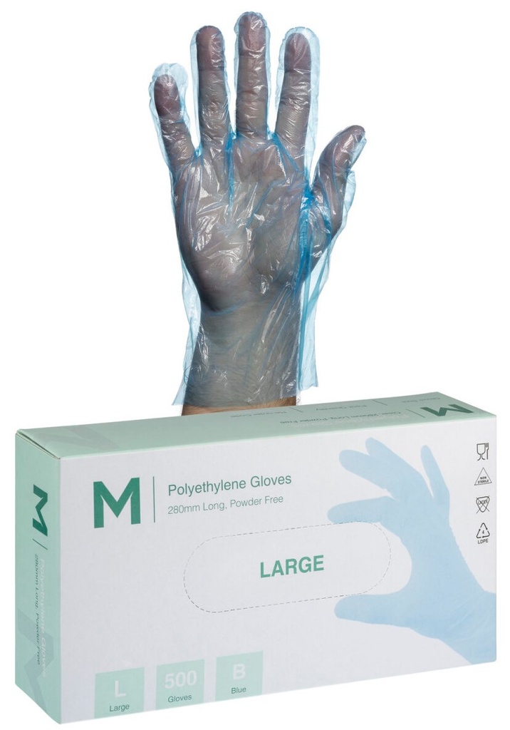 Polyethylene Gloves - Blue, L-XL, 240mm Cuff, 1.0g 500 Gloves/Pack