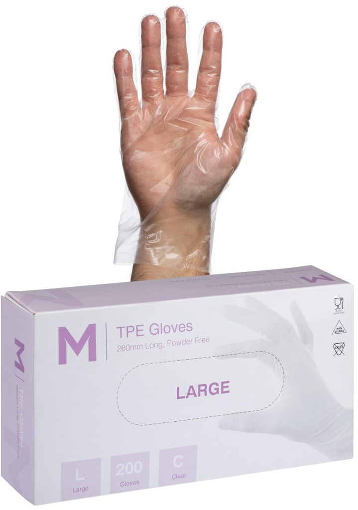 TPE Embossed Gloves Powder Free - Clear, L, 240mm Cuff, 2.0g 200 Gloves/Pack
