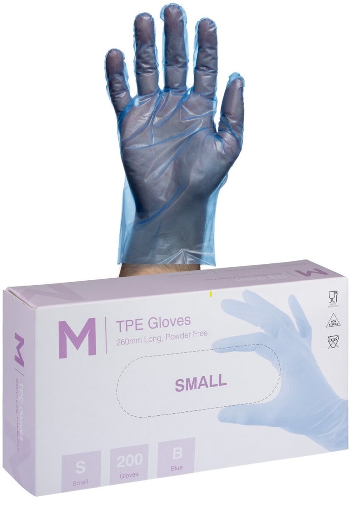 TPE Embossed Gloves Powder Free - Blue, S, 240mm Cuff, 2.0g 200 Gloves/Pack