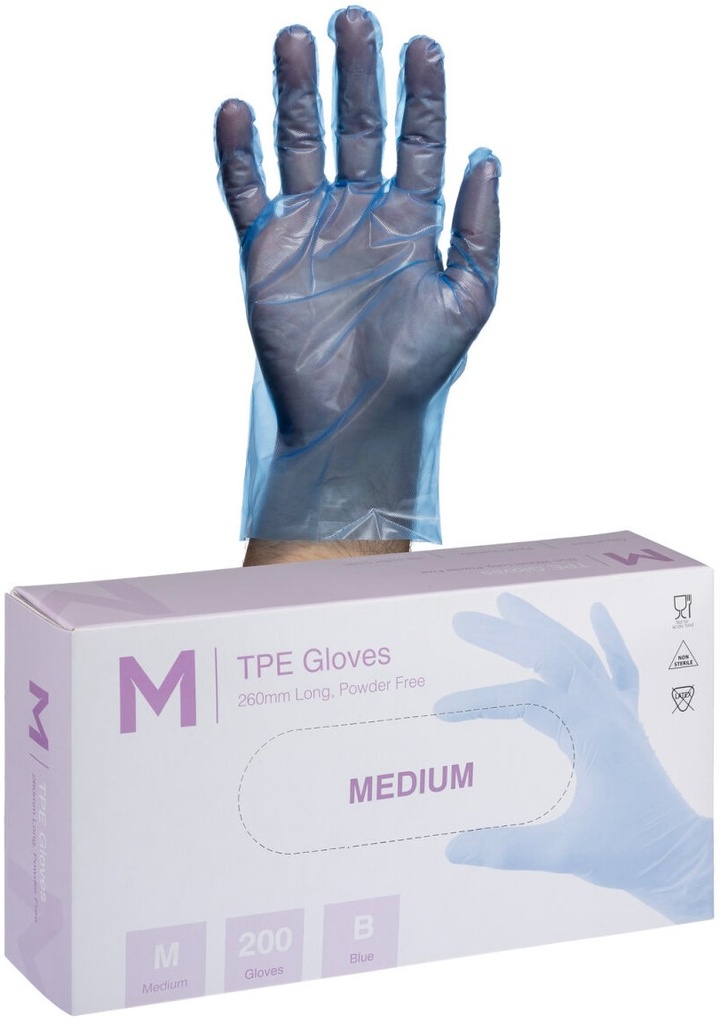 TPE Embossed Gloves Powder Free - Blue, M, 240mm Cuff, 2.0g 200 Gloves/Pack