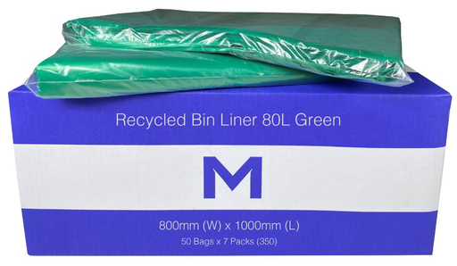 Thick Recycled Bin Liner 80L - Green, 800mm x 1000mm x 30mu 50 Bags/pk