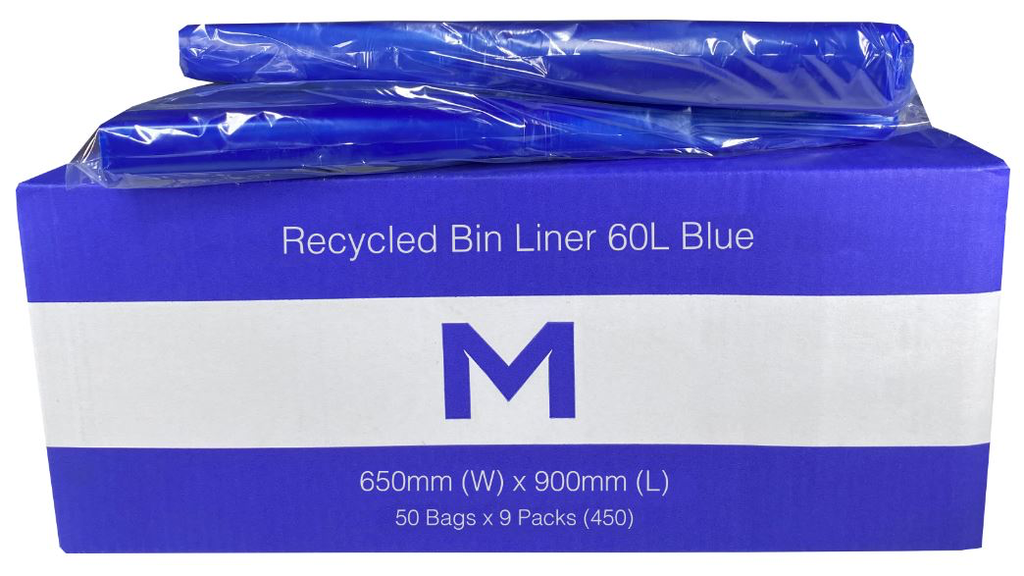 Thick Recycled Bin Liner 60L - Blue, 650mm x 900mm x 30mu 50 Rubbish Bags/pk