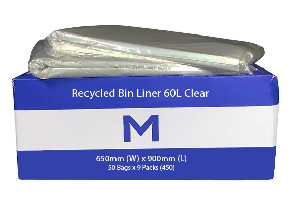 Thick Recycled Bin Liner 60L - Clear, 650mm x 900mm x 30mu 50 Rubbish Bags/pk