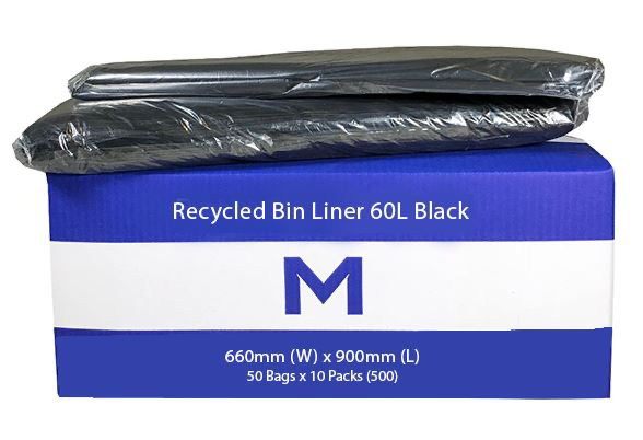 Recycled Bin Liner 60L - Black, 660mm x 900mm x 20mu 50 Rubbish Bags/pk