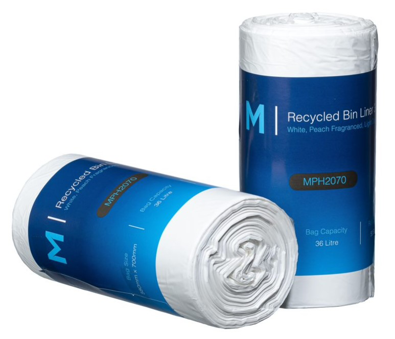 POR Recycled Bin Liner 36L - White, 580mm x 700mm x 15mu 50 Bags/Roll *Peach Scented*