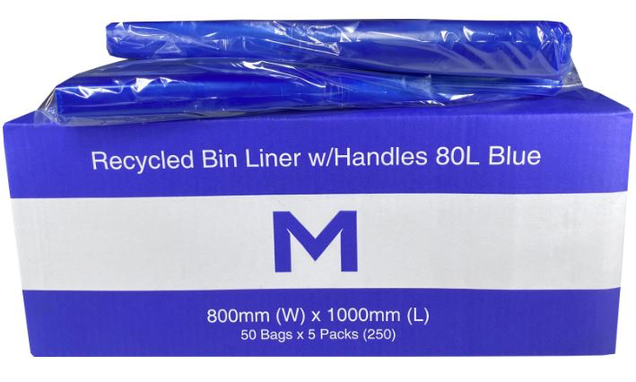 Extra Thick Recycled Bin Liner 80L - Blue, 800mm x 1000mm x 40mu 50 Bags/pk -"WITH HANDLES"