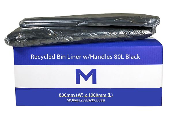 Thick Recycled Bin Liner 80L - Black, 800mm x 1000mm x 30mu 50 Bags/pk -"WITH HANDLES" 
