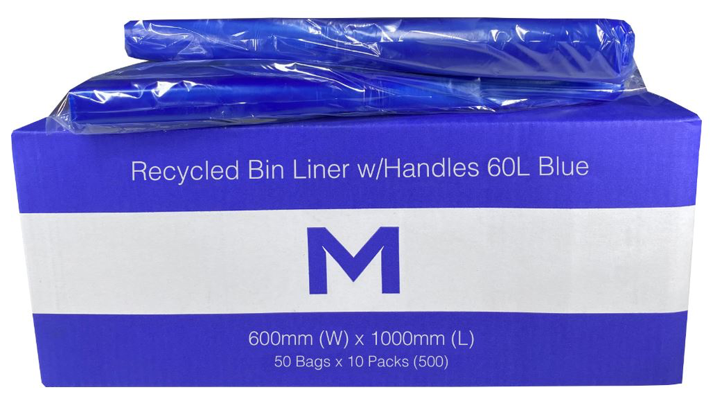 Thick Recycled Bin Liner 60L - Blue, 600mm x 1000mm x 30mu 50 Rubbish Bags/pk -" WITH HANDLES"