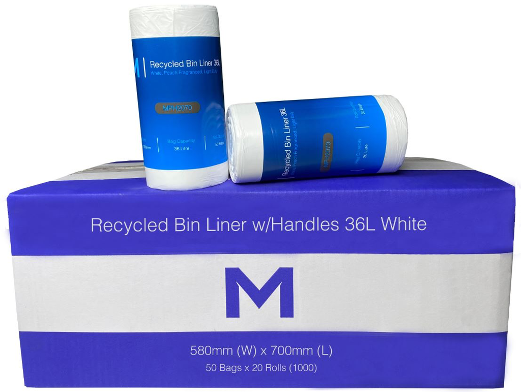 POR Recycled Bin Liner w/Handles 36L - White, 580mm x 700mm x 15mu 50 Bags/Roll