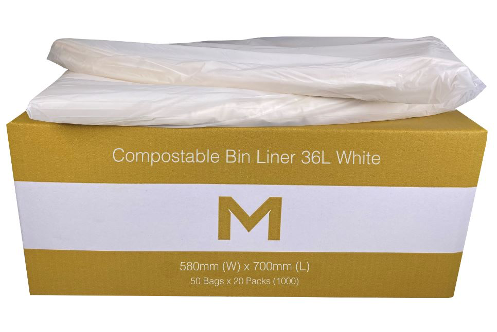 FP Compostable Bin Liner 36L - White, 580mm x 700mm x 20mu 50 Bags/Roll