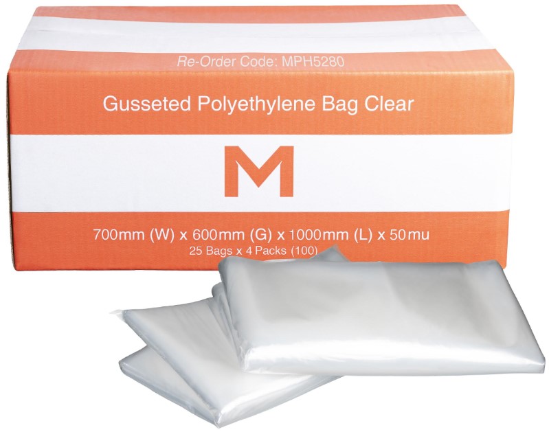 FP Gusseted Polyethylene Bag - Clear, 700mm x 600mm x 1000mm x 50mu 25 Bags/Pack 