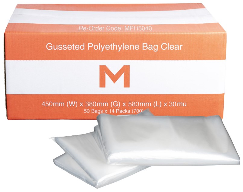 FP Gusseted Polyethylene Bag - Clear, 450mm x 380mm x 580mm x 30mu 50 Bags/Pack 