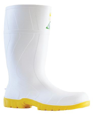 Industrial PVC Gumboots - White/Yellow, Size 5 *Steel Toe Cap + Steel Midsole