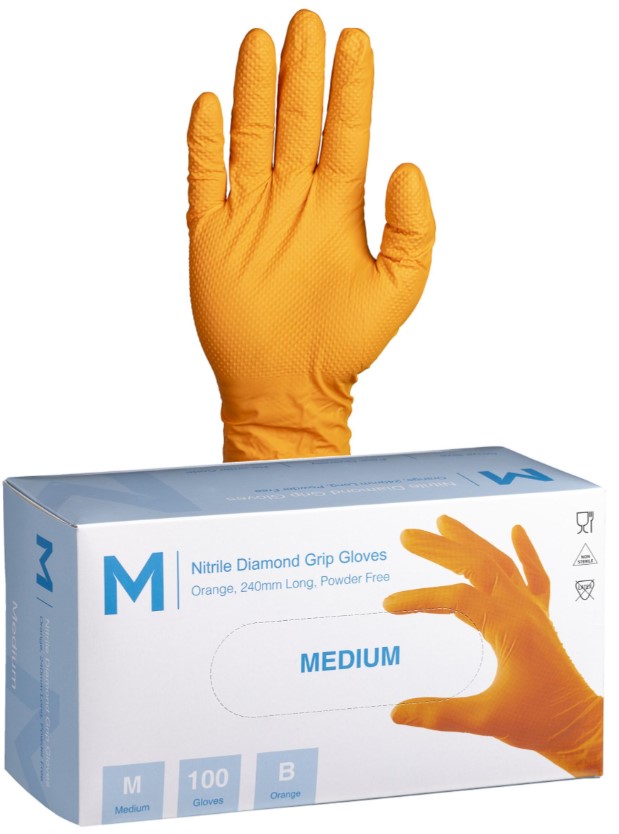 Nitrile Diamond Grip Gloves Powder Free - Orange, M, 240mm Cuff, 9.0g 100 Gloves/Pack