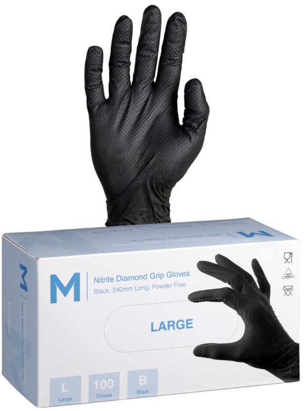 Nitrile Diamond Grip Gloves Powder Free - Black, L, 240mm Cuff, 9.0g 100 Gloves/Pack 