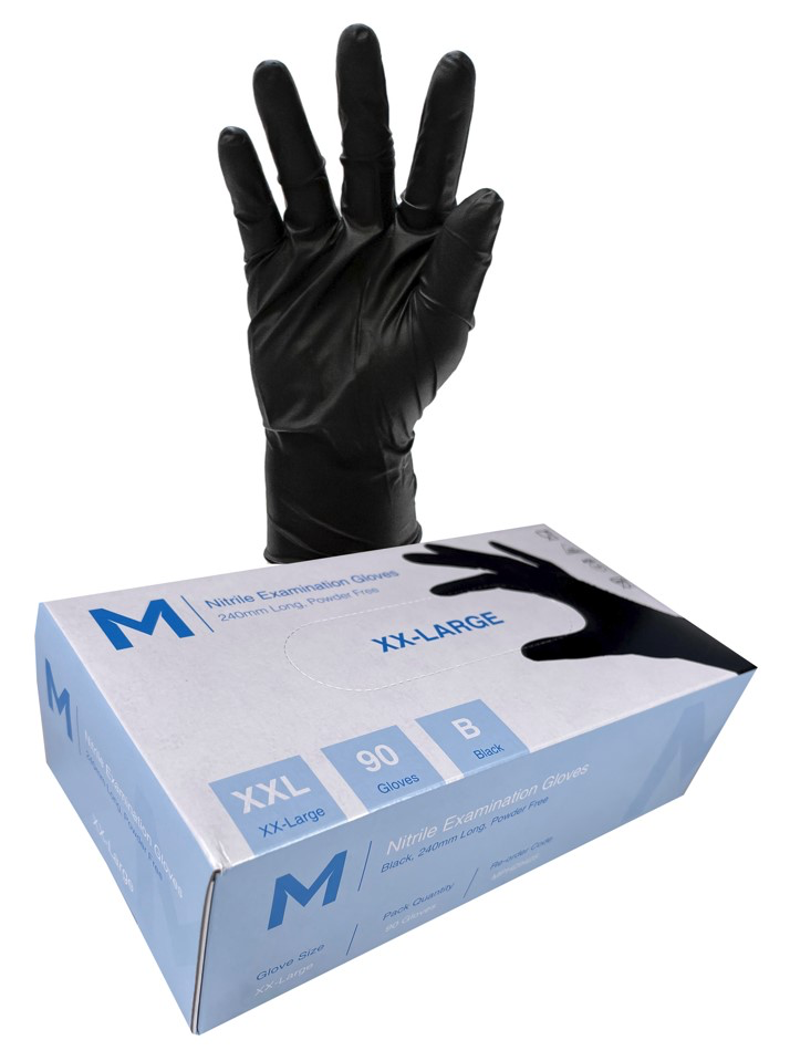 Nitrile Examination Gloves Powder Free - Black, 2XL, 240mm Cuff, 7.0g (90 in Box)  