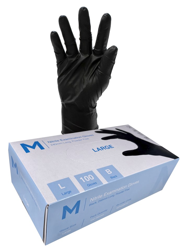 Nitrile Examination Gloves Powder Free - Black, L, 240mm Cuff, 7.0g (100 in Box)