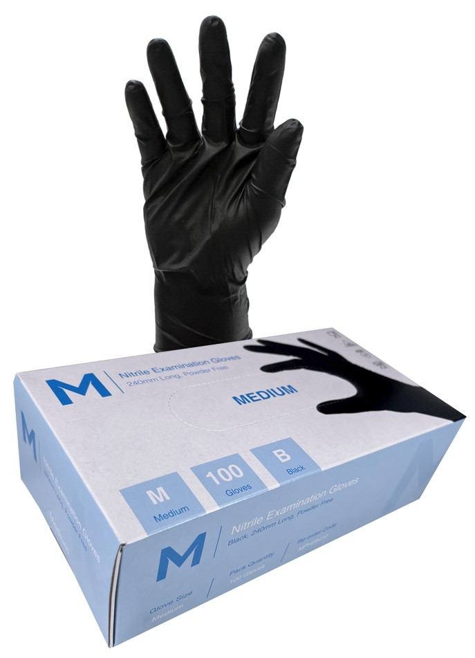 Nitrile Examination Gloves Powder Free - Black, M, 240mm Cuff, 7.0g (100 in Box)  