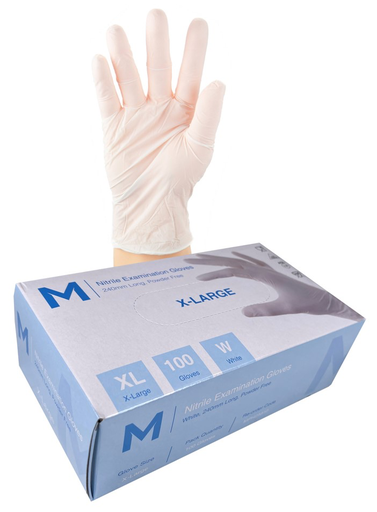 Nitrile Examination Gloves Powder Free - White, XL, 240mm Cuff, 5.0g (100 in Box)