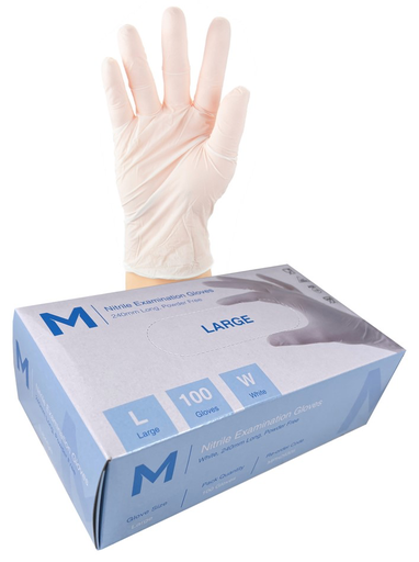 Nitrile Examination Gloves Powder Free - White, L, 240mm Cuff, 5.0g (100 in Box)