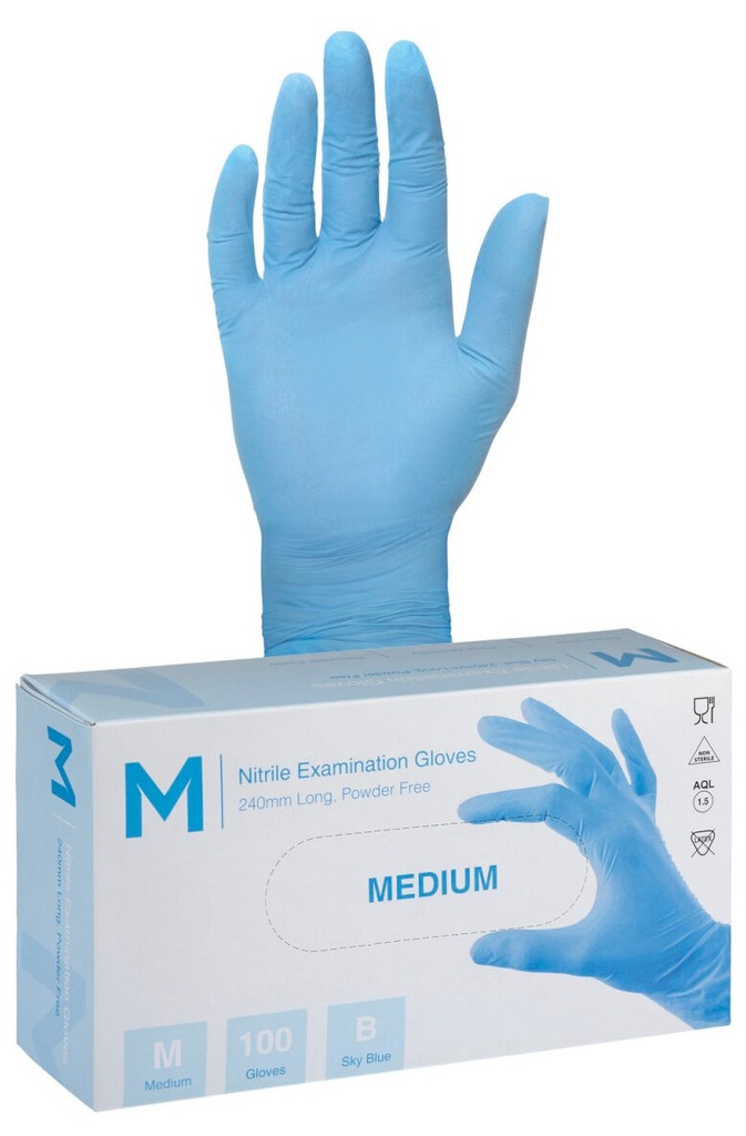 Nitrile Examination Gloves Powder Free - Blue, M, 240mm Cuff, 3.0g 100 Gloves/Pack