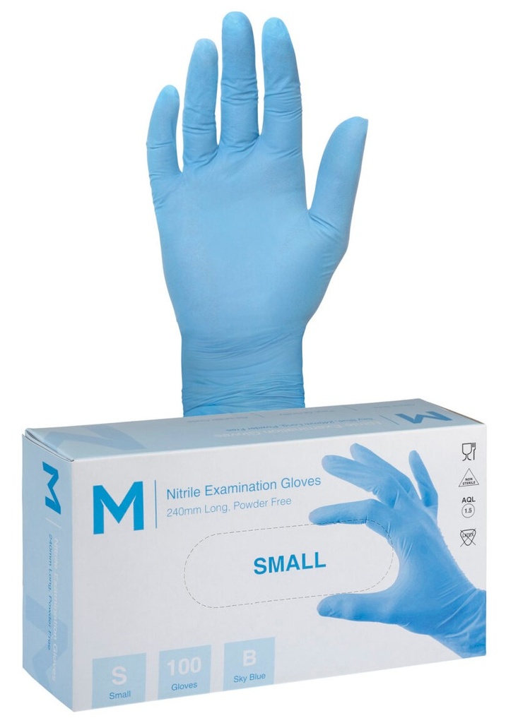 Nitrile Examination Gloves Powder Free - Blue, S, 240mm Cuff, 3.0g 100 Gloves/Pack