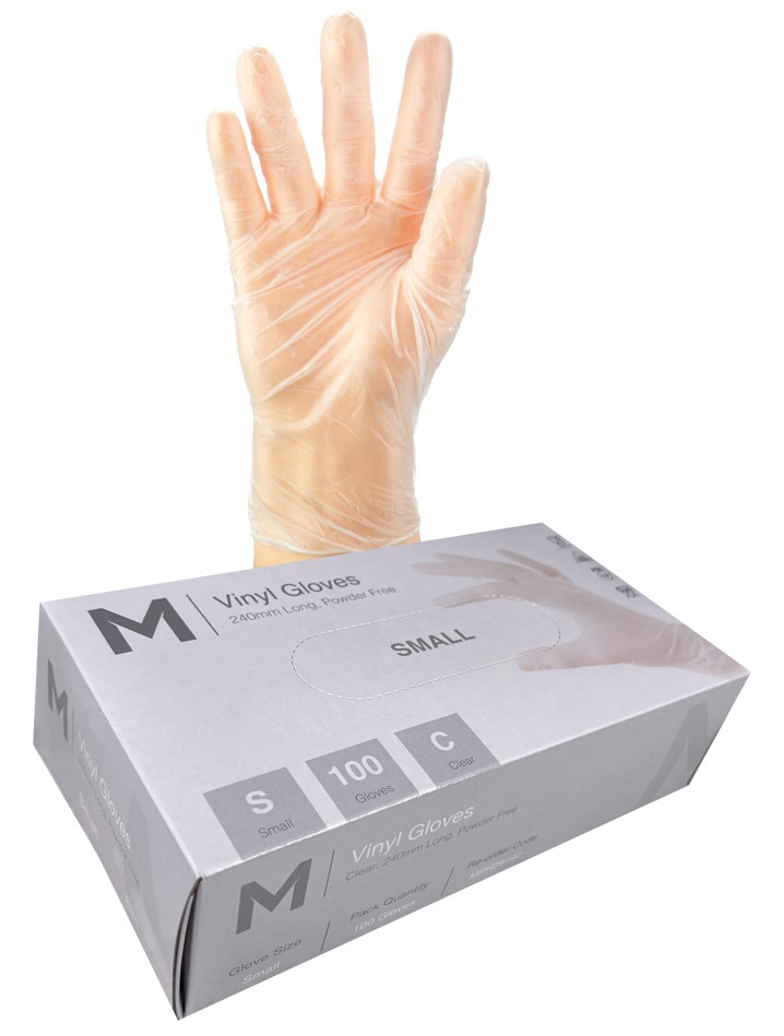 Vinyl Gloves Powder Free - Clear, S, 240mm Cuff, 5.0g (100 in Box) 