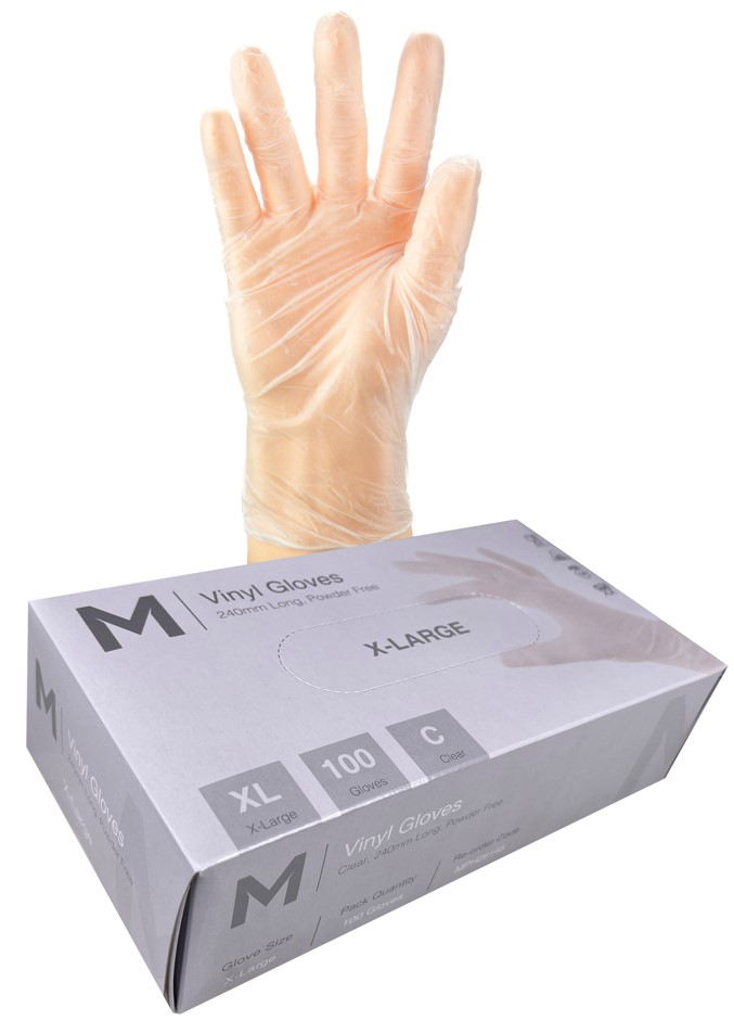 Vinyl Gloves Powder Free - Clear, XL, 240mm Cuff, 5.0g (100 in Box)  