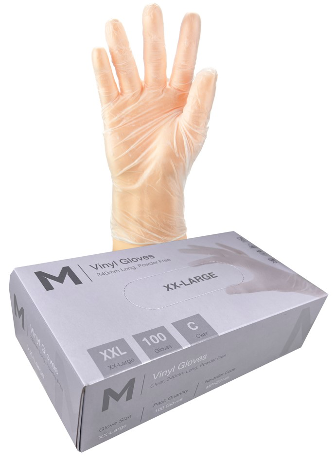 Vinyl Gloves Powder Free - Clear, 2XL, 240mm Cuff, 5.0g (100 in Box)  