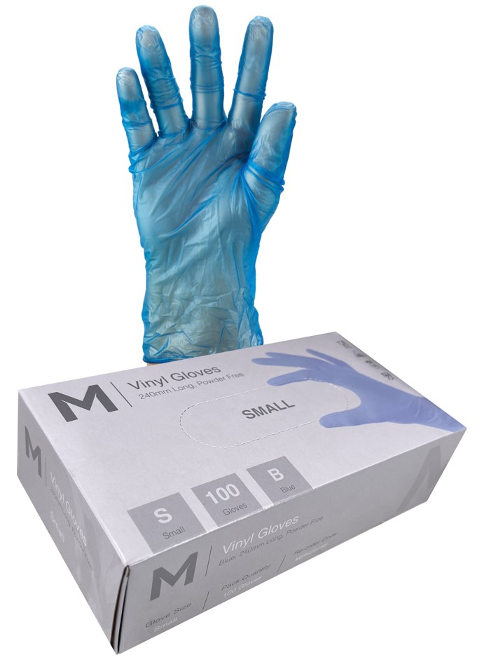 Vinyl Gloves Powder Free - Blue, S, 240mm Cuff, 5.0g (100 in Box)  