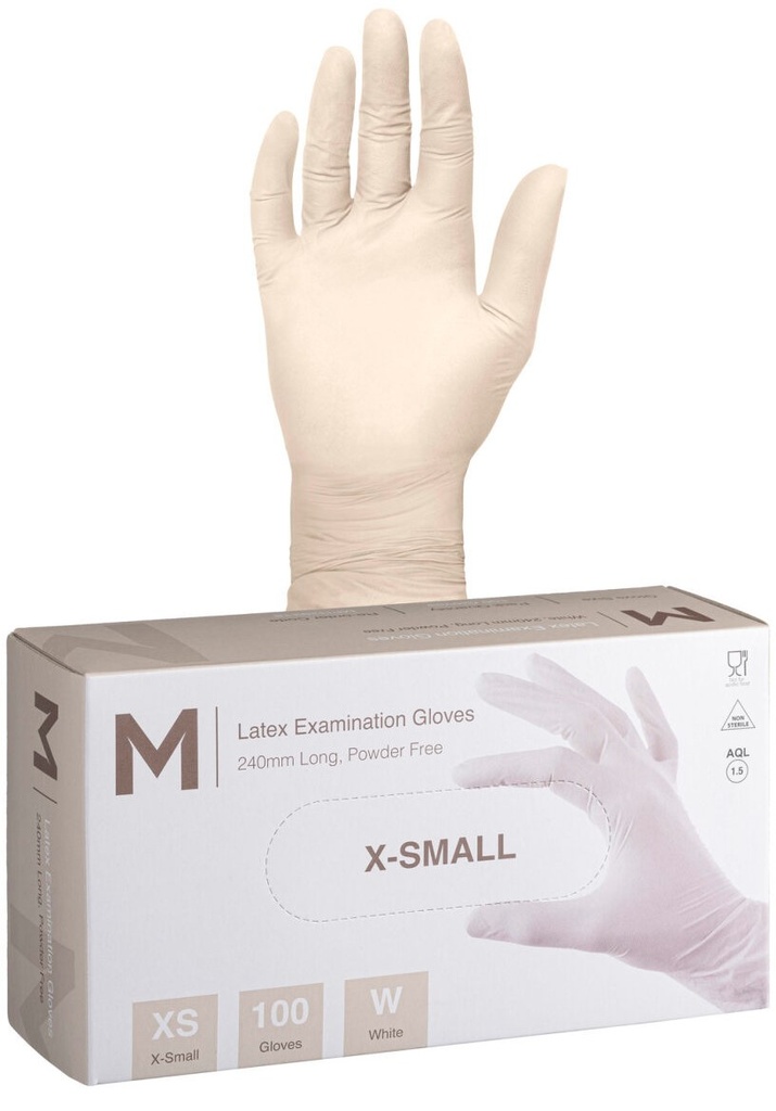 Latex Examination Gloves Powder Free - White, XS, 240mm Cuff, 6.0g 100 Gloves/Pack 