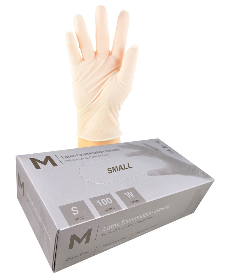 Latex Examination Gloves Powder Free - White, S, 240mm Cuff, 6.0g (100 in Box)  