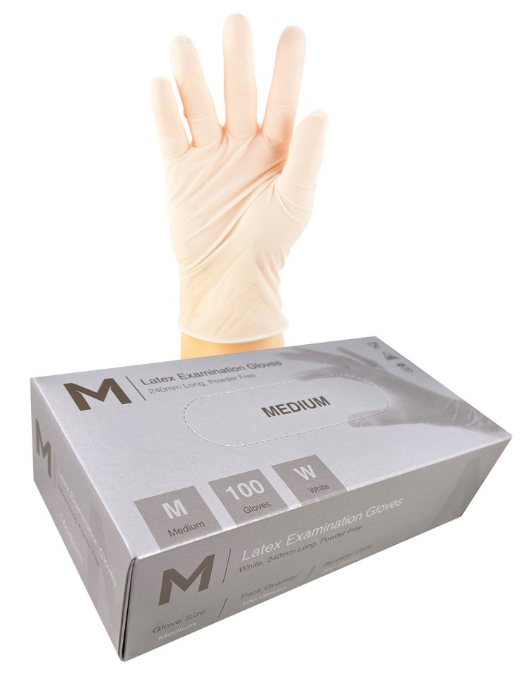 Latex Examination Gloves Powder Free - White, M, 240mm Cuff, 6.0g (100 in Box)  