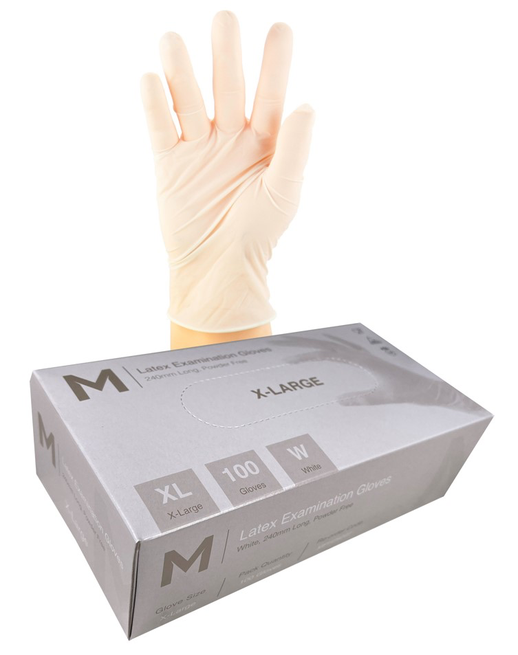 Latex Examination Gloves Powder Free - White, XL, 240mm Cuff, 6.0g (100 in Box)  