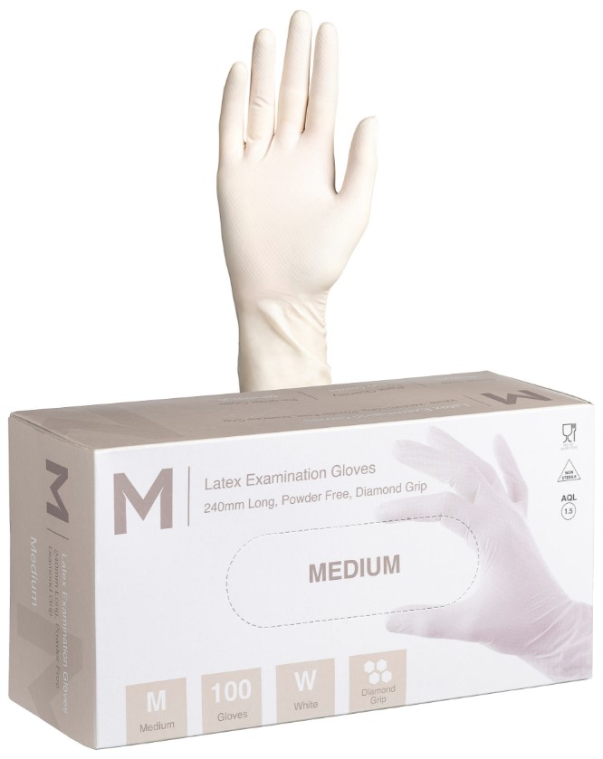 Latex Diamond Grip Examination Gloves Powder Free - White, M, 240mm Cuff, 8.0g 100 Gloves/Pack 