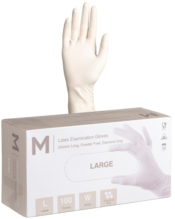 Latex Diamond Grip Examination Gloves Powder Free - White, L, 240mm Cuff, 8.0g 100 Gloves/Pack 