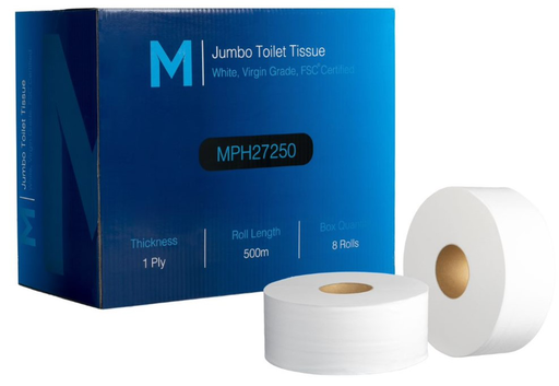 [MPH27250] Matthews Virgin Jumbo Toilet Tissue Boxed - White, 1 Ply, 500m (8)