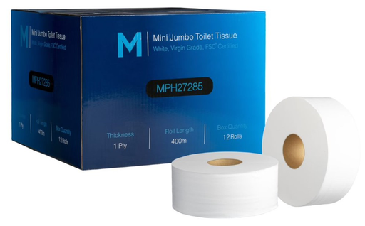 [MPH27285] Matthews Mini Jumbo Toilet Tissue Boxed - White, 1 Ply, 400m (12 in box)