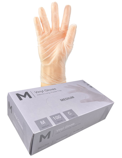 Vinyl Gloves Powder Free - Clear, M, 240mm Cuff, 5.0g (100 in Box)  