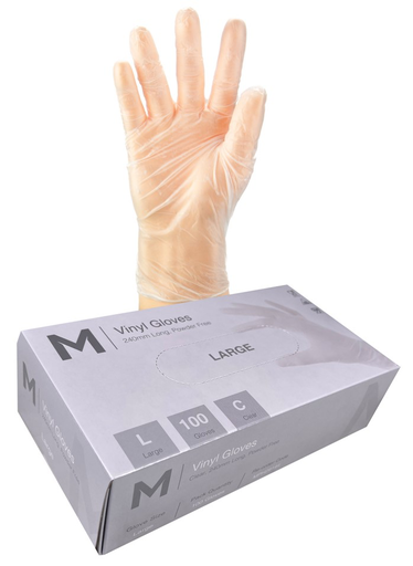 Vinyl Gloves Powder Free - Clear, L, 240mm Cuff, 5.0g (100 in Box)  