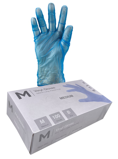 Vinyl Gloves Powder Free - Blue, M, 240mm Cuff, 5.0g (100 in Box)  