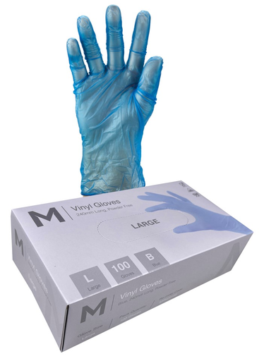 Vinyl Gloves Powder Free - Blue, L, 240mm Cuff, 5.0g (100 in Box)  