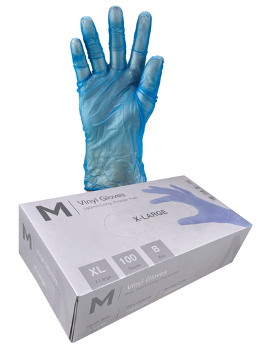 Vinyl Gloves Powder Free - Blue, XL, 240mm Cuff, 5.0g (100 in Box)  