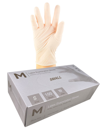 Latex Examination Gloves Powder Free - White, S, 240mm Cuff, 6.0g (100 in Box)  