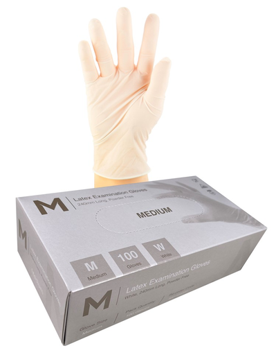 Latex Examination Gloves Powder Free - White, M, 240mm Cuff, 6.0g (100 in Box)  