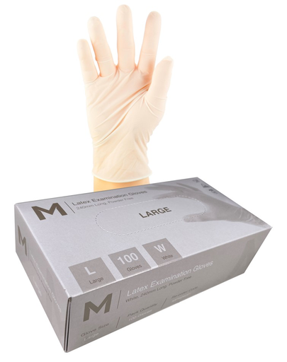 Latex Examination Gloves Powder Free - White, L, 240mm Cuff, 6.0g (100 in Box)  