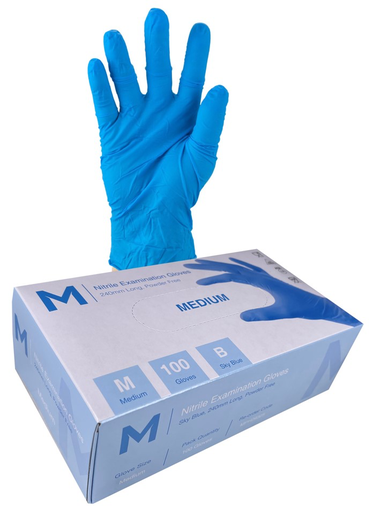 Nitrile Examination Gloves Powder Free - Blue, M, 240mm Cuff, 5.0g (100 in Box)